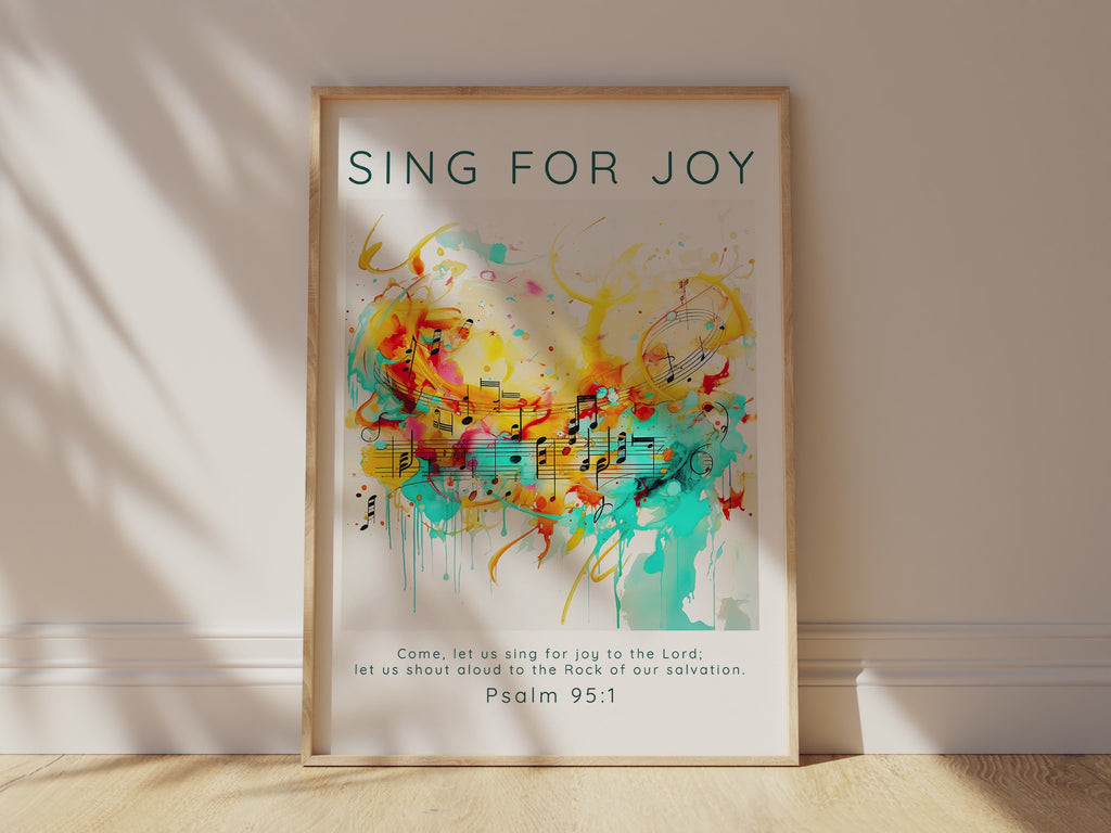 Abstract music-themed Psalm 95:1 wall art, Sing For Joy Christian print for a harmonious atmosphere, music-inspired Christian wall print