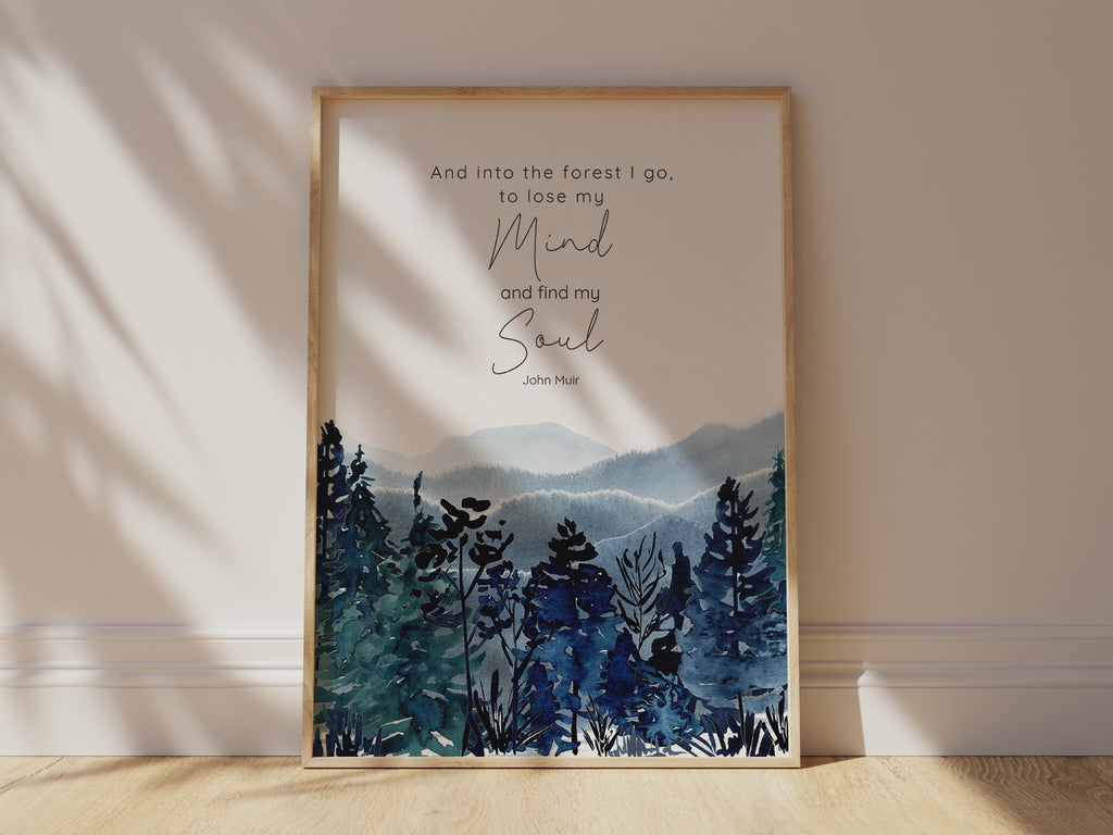 Watercolour forest scene for lake house decor, John Muir Trail quote artwork for wanderlust-inspired spaces