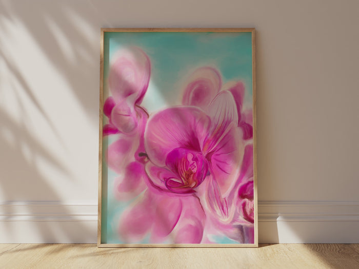 Colorful Orchid Art Print in Bright Pink and Blue Palette, Tropical Blossom: Pink Orchid on Vibrant Blue Background