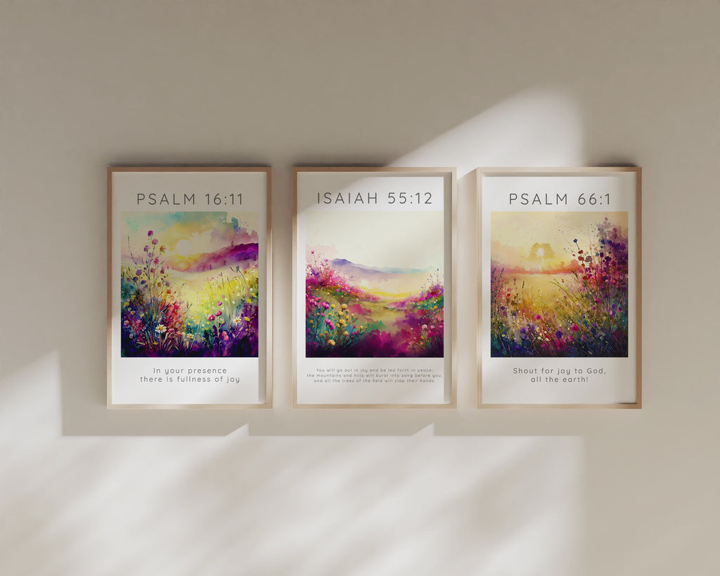 Psalm 16:11 verse print for home decor, Inspirational Bible verse triptych with flower meadows, Bible verses about joy