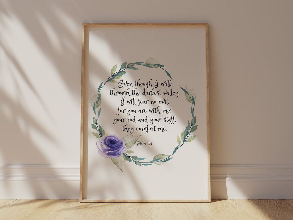 Floral wreath wall print with Psalm 23:4 message, Inspirational verse decor for minimalistic spaces, Beautiful Psalm 23:4 print