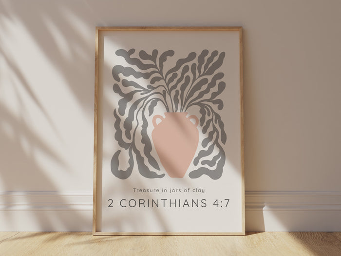 Treasure In Jars Of Clay Bible Verse Wall Art Christian Pastel Print, 2 Corinthians 4:7 Pastel Peach Pot Print