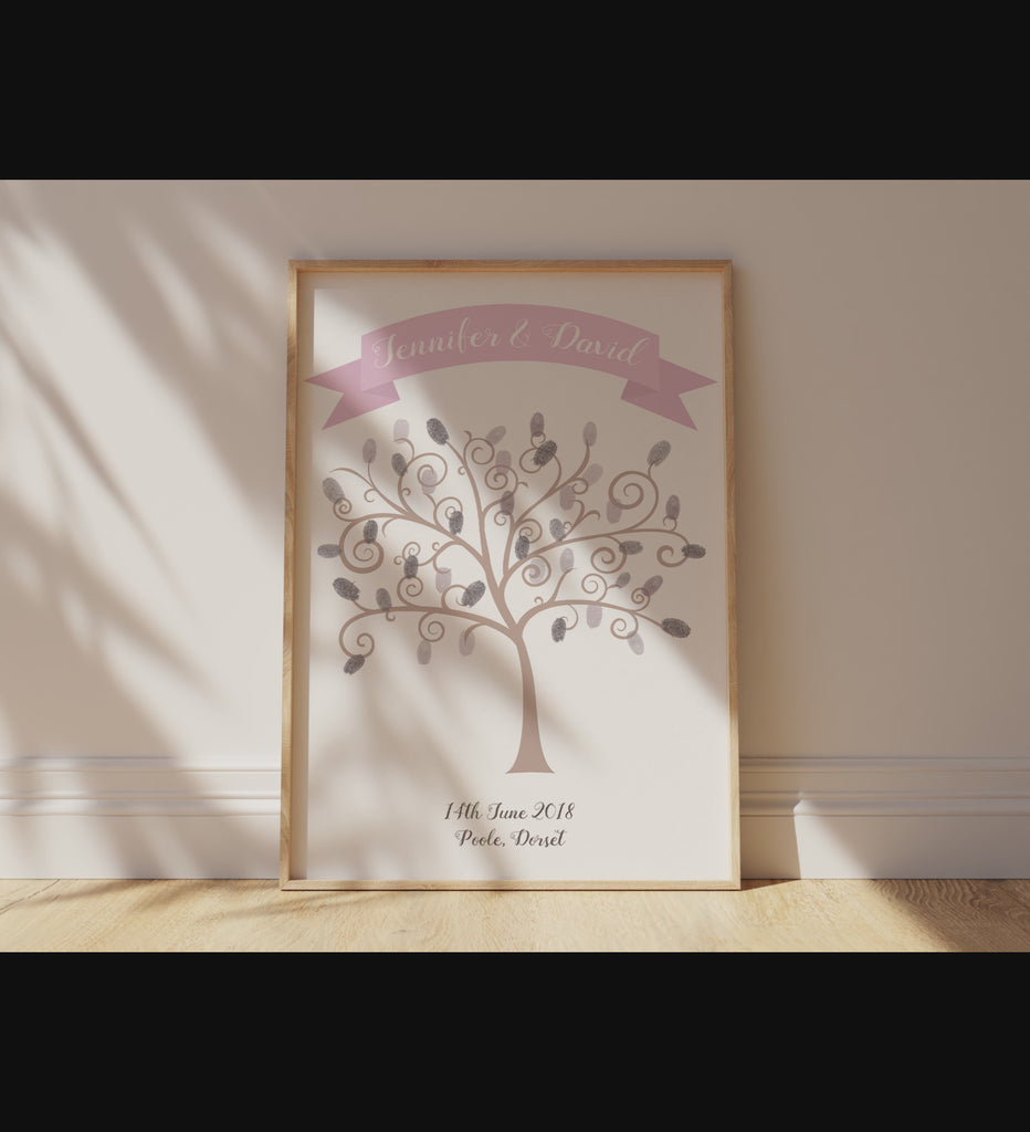 Unique Wedding Guest Book Alternative: Fingerprint Tree Print with Customized Details.