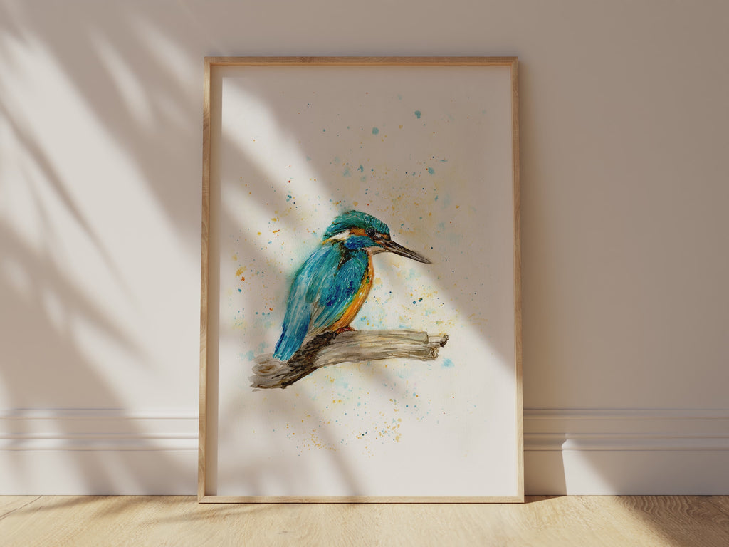 Stunning blue and yellow kingfisher bird print, Watercolour kingfisher bird wall art for sale, kingfisher bird watercolour