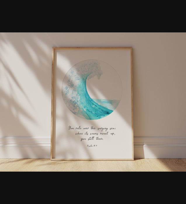 Elevate your space with a circular ocean-themed print and inspiring Bible quote - 'You rule over the surging sea' (Psalm 89:9).