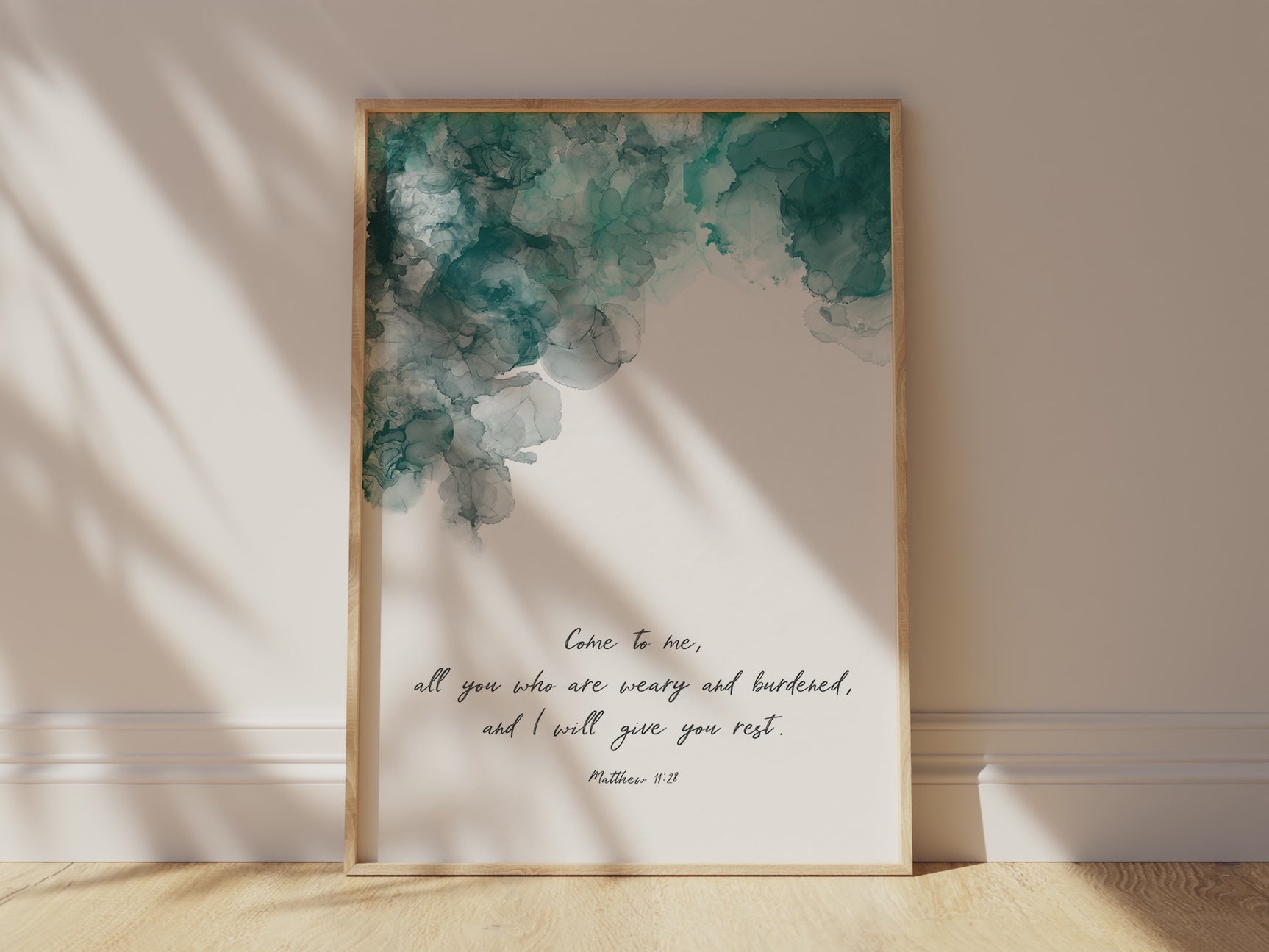 Turquoise and Black Ink Print with Biblical Quote, Matthew 11:28 Wall Art in Turquoise and Black, Turquoise and Black Quote Artwork