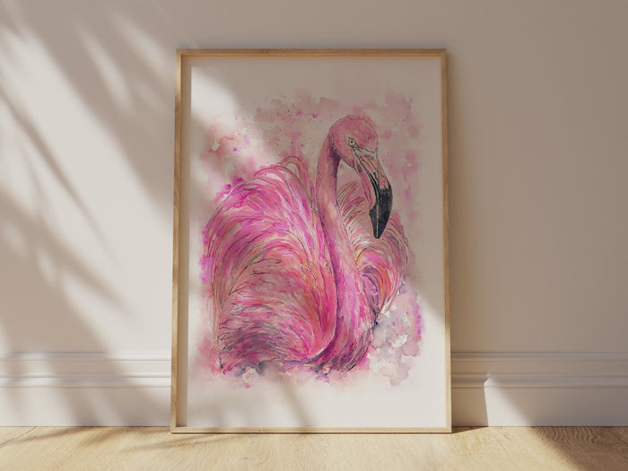 Elegant flamingo watercolor painting for modern interiors, Whimsical pink bird artwork for a chic home atmosphere