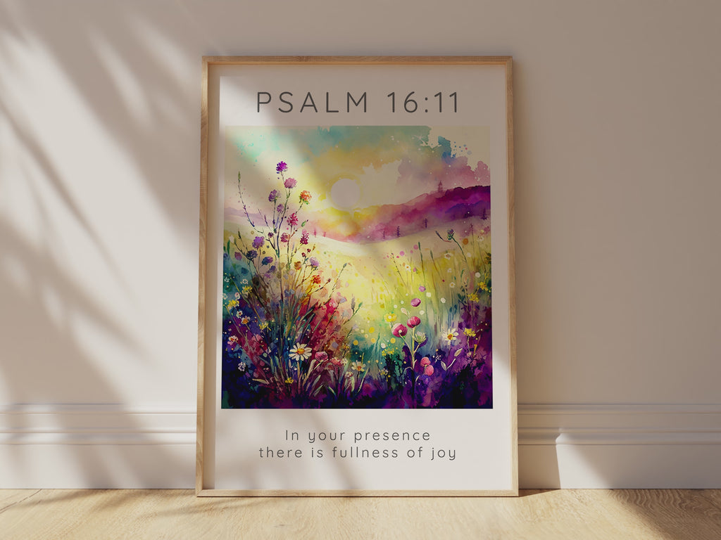 Joyful atmosphere with Bible verse wall print, Inspirational floral wall art for happiness, Divine presence joy scripture home decor