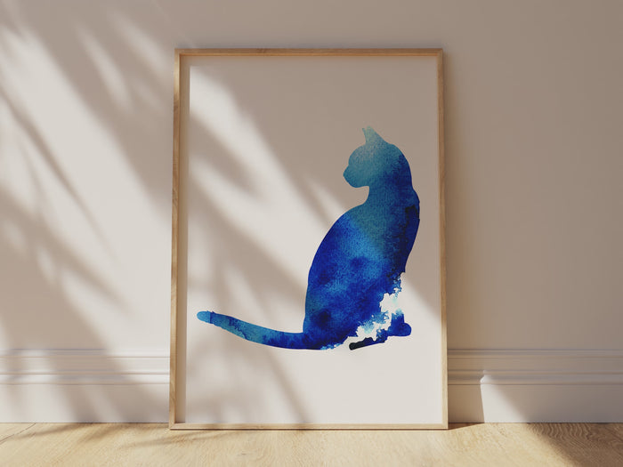 Whimsical watercolor cat artwork, Blue cat silhouette in watercolor design, watercolour cat silhouette