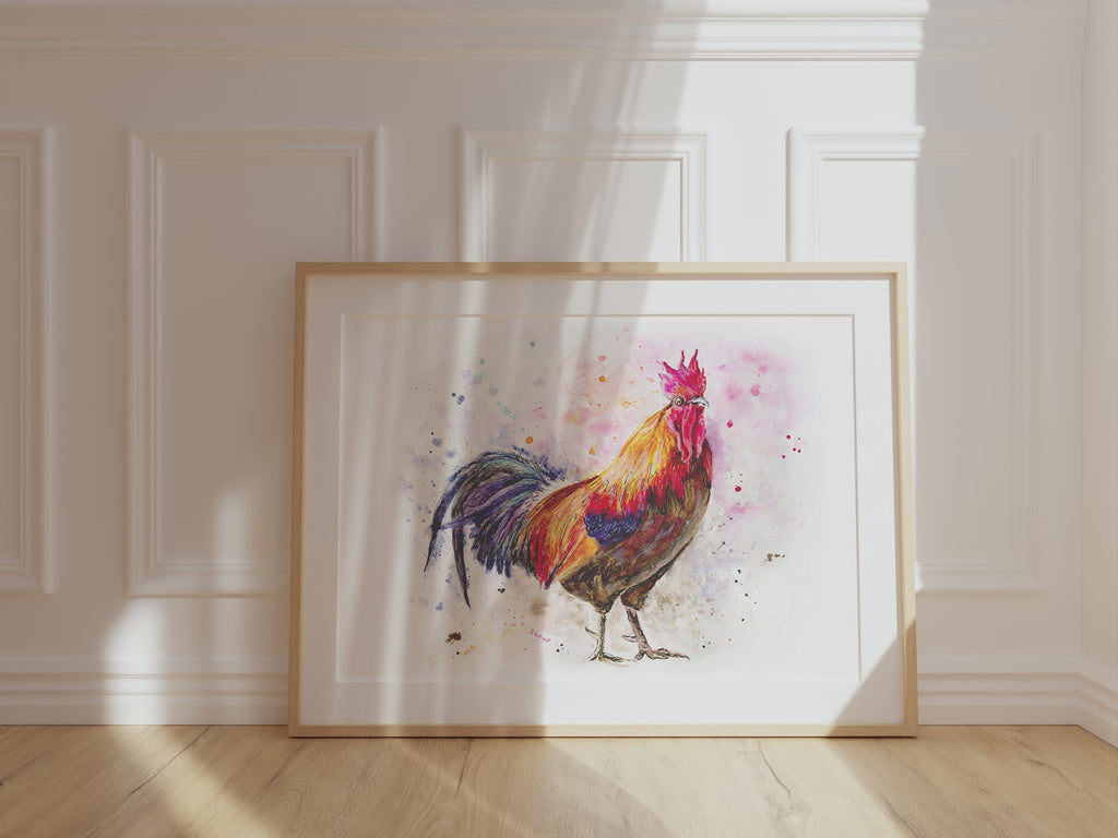 Large rooster watercolour masterpiece for art collectors, Dynamic feathered rooster in contemporary watercolor style