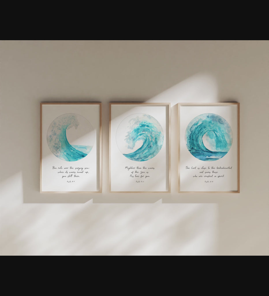 Turquoise ocean wave prints with Psalms 89:9, 34:18, 93:4 - Encouraging Bible verses in circular design, perfect for serene home decor