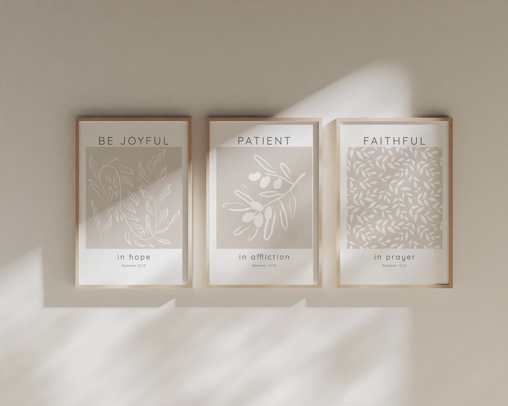 Neutral Tone Wall Art Set with Biblical Quotes, Be Joyful in Hope Print Set with Leaf Motif, Faithful in Prayer Beige and White Triptych