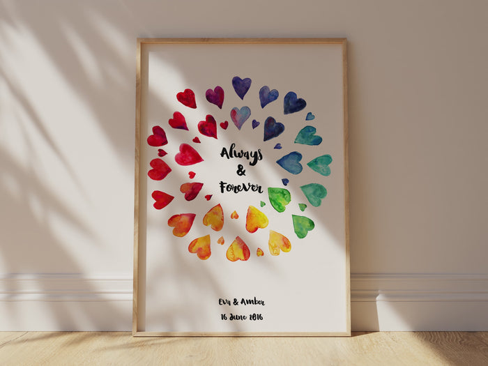 Personalised rainbow heart wedding print with "Always and Forever" quote, Watercolour rainbow hearts wedding artwork for lesbian couples