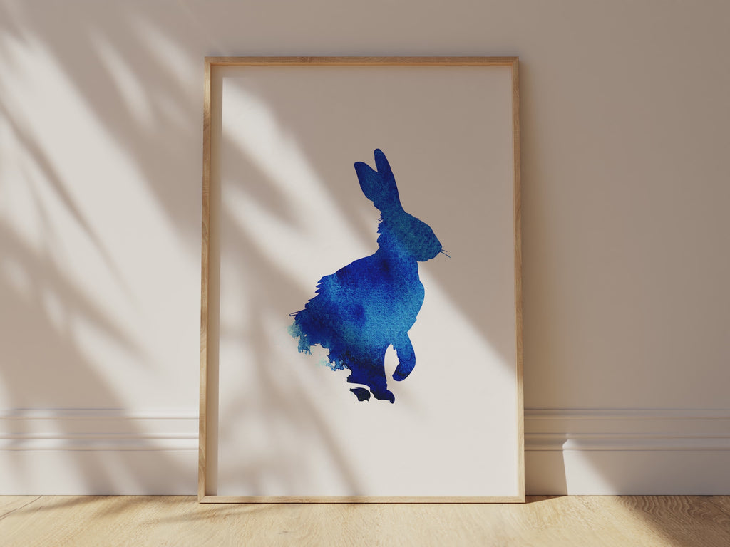 Contemporary minimalist hare artwork in blue, Elegant watercolor rabbit silhouette in blue tones, Blue abstract wall decor