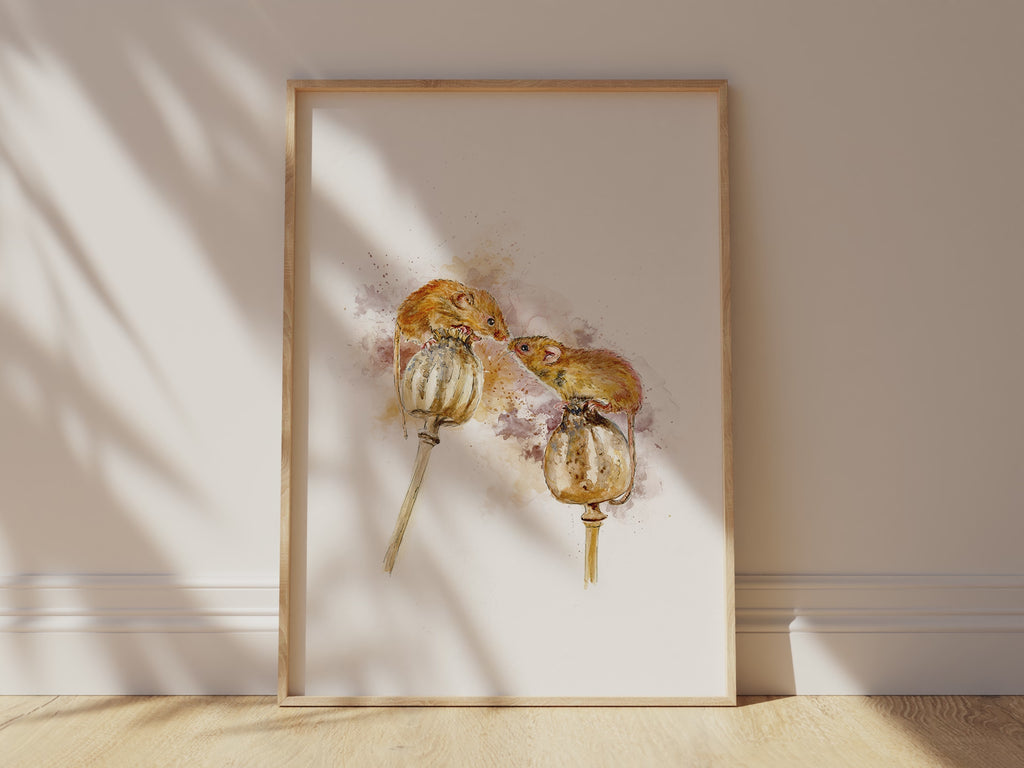 Rustic room decor featuring two field mice in delicate hues, Modern cottagecore art with poppy seed pod and field mouse motif
