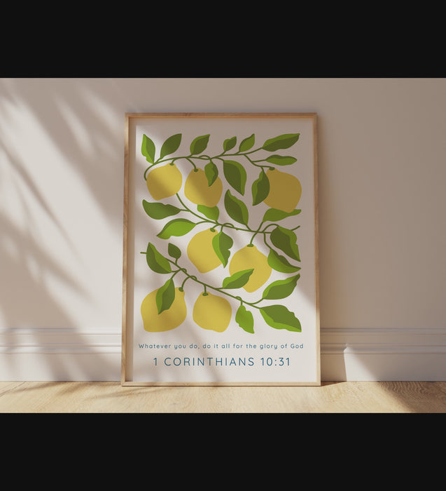 1 Corinthians 10 31 print with lemons and leaves, Christian wall art with 'Whatever you do, do it all for the glory of God'