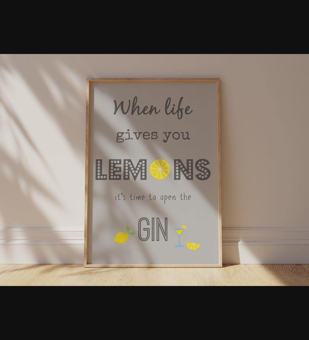 Charming home decor: Grey lemon gin poster, embrace life's twists, savor the moments.