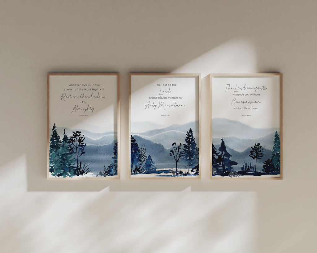 Encouraging Bible verse wall art set, Blue forest mountain scripture prints, Peaceful scripture artwork for home