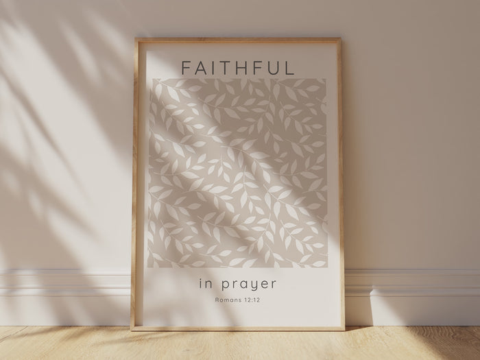 Neutral Color Scheme 'Faithful in Prayer' Leaf Print, Inspirational Christian Wall Decor in Beige and White