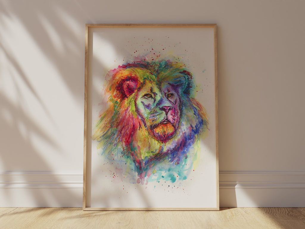 Wildlife watercolour print featuring a rainbow lion, Lion illustration with rainbow watercolor detailing, Rainbow watercolour lion art
