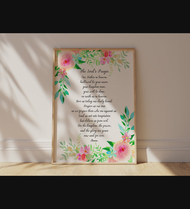 Modern Text Lord's Prayer Print, Enhanced by Intricate Floral Illustrations.