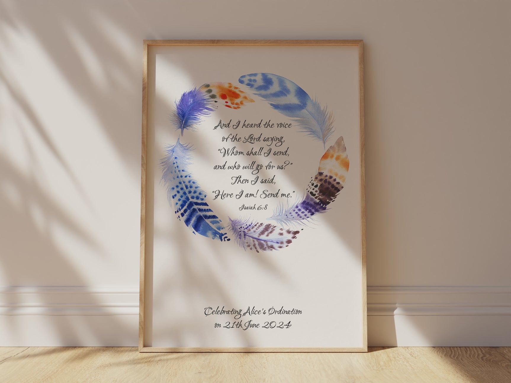 Personalised Isaiah 6:8 Feather Wreath Print in Blue and Orange, Custom Ordination Gift with Isaiah 6:8 Quote, Custom Ordination Gift