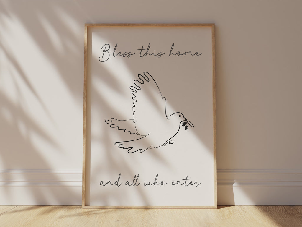 Spiritual home decoration with dove, Christian housewarming gift idea, Olive branch symbolism in art, bless this home verse print
