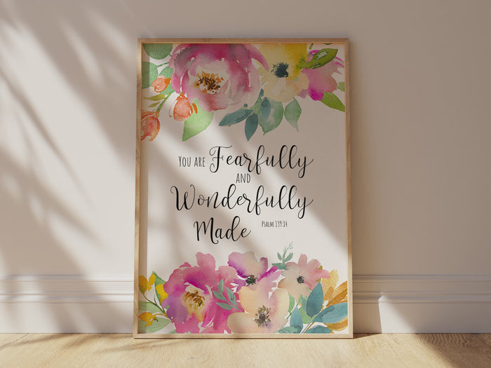 Elegant Psalm 139:14 scripture wall decor, Floral surround Psalm 139:14 art piece, You are fearfully and wonderfully made quote print