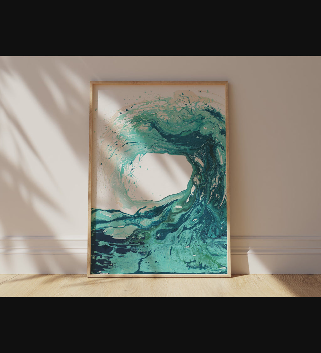 Blue Wave Watercolor Art Print, Oceanic Turquoise Wave Wall Decor, Abstract Aqua Blue Wave Poster