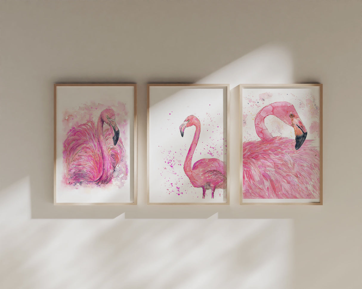 Create a Serene Atmosphere with Pink Flamingo Art Prints, Chic and Playful: Pink Watercolor Flamingo Triptych Prints