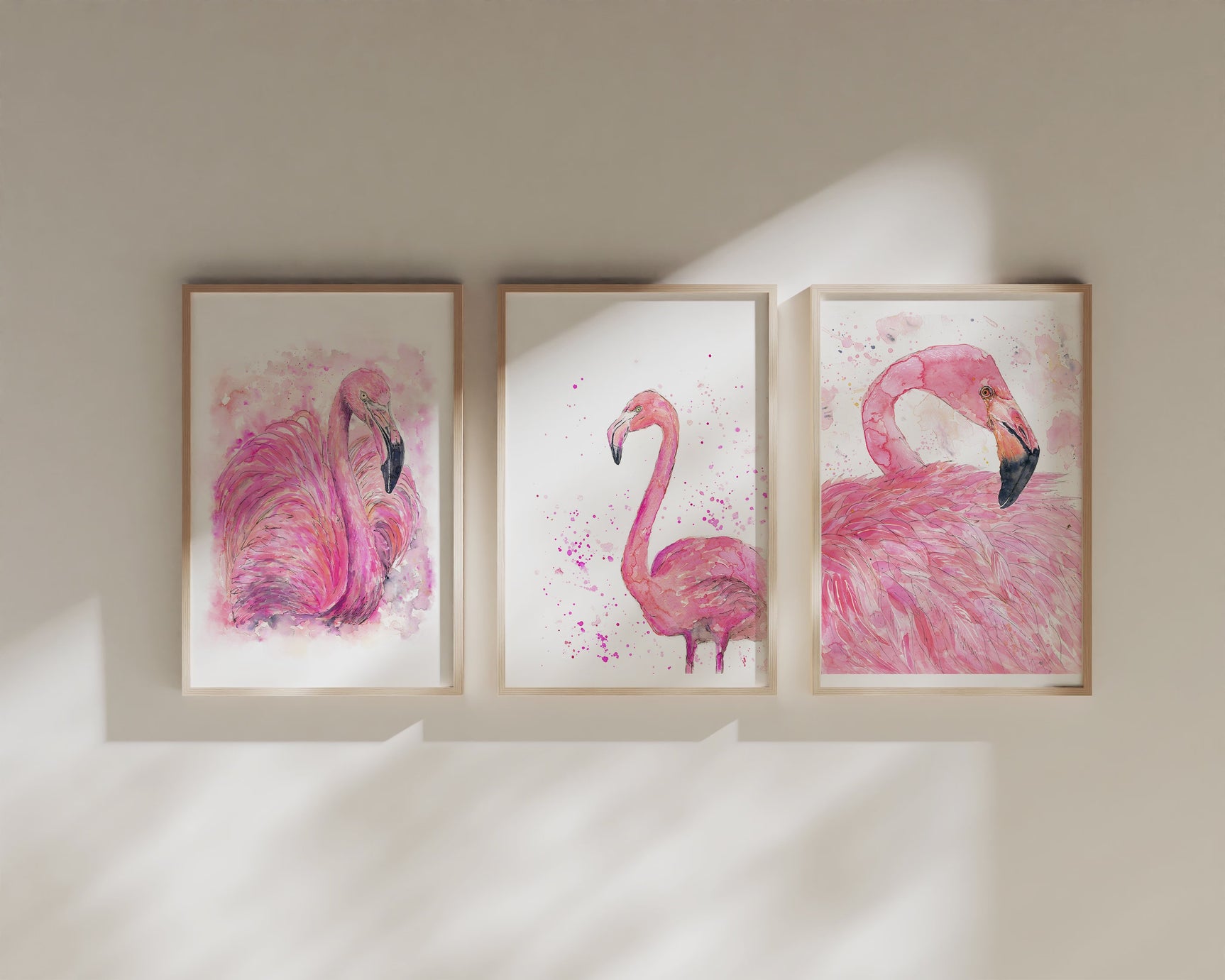 Create a Serene Atmosphere with Pink Flamingo Art Prints, Chic and Playful: Pink Watercolor Flamingo Triptych Prints