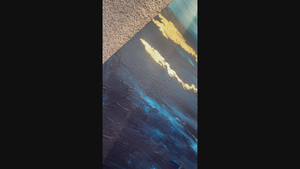 Contemporary coastal art in blue and gold hues, modern abstract ocean artwork, sea abstract painting, original abstract artwork