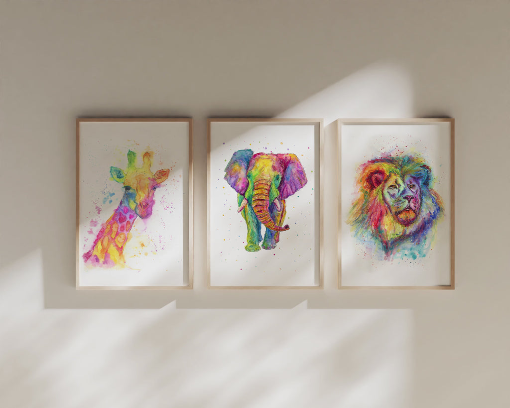 Whimsical rainbow animal art set, Unique and vibrant animal prints in rainbow colors, Abstract watercolor animal wall decor, colourful animal art