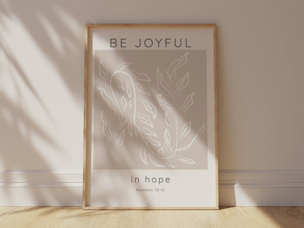 Be Joyful in Hope Neutral Tones Modern Christian Wall Art, Romans 12, Beige and White Bible Verse Print with Romans 12:12 Quote
