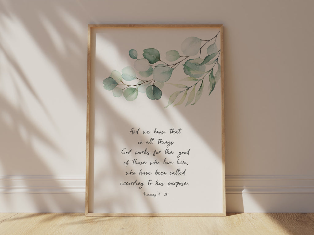 God's purpose in all things wall art, Elegant Christian print with botanical elements, Romans 8:28 verse in a botanical surround