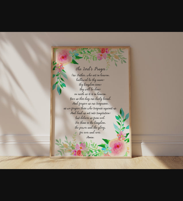 Experience tranquility with our Lord's Prayer artwork, adorned by delicate florals and leaves, available in multiple sizes