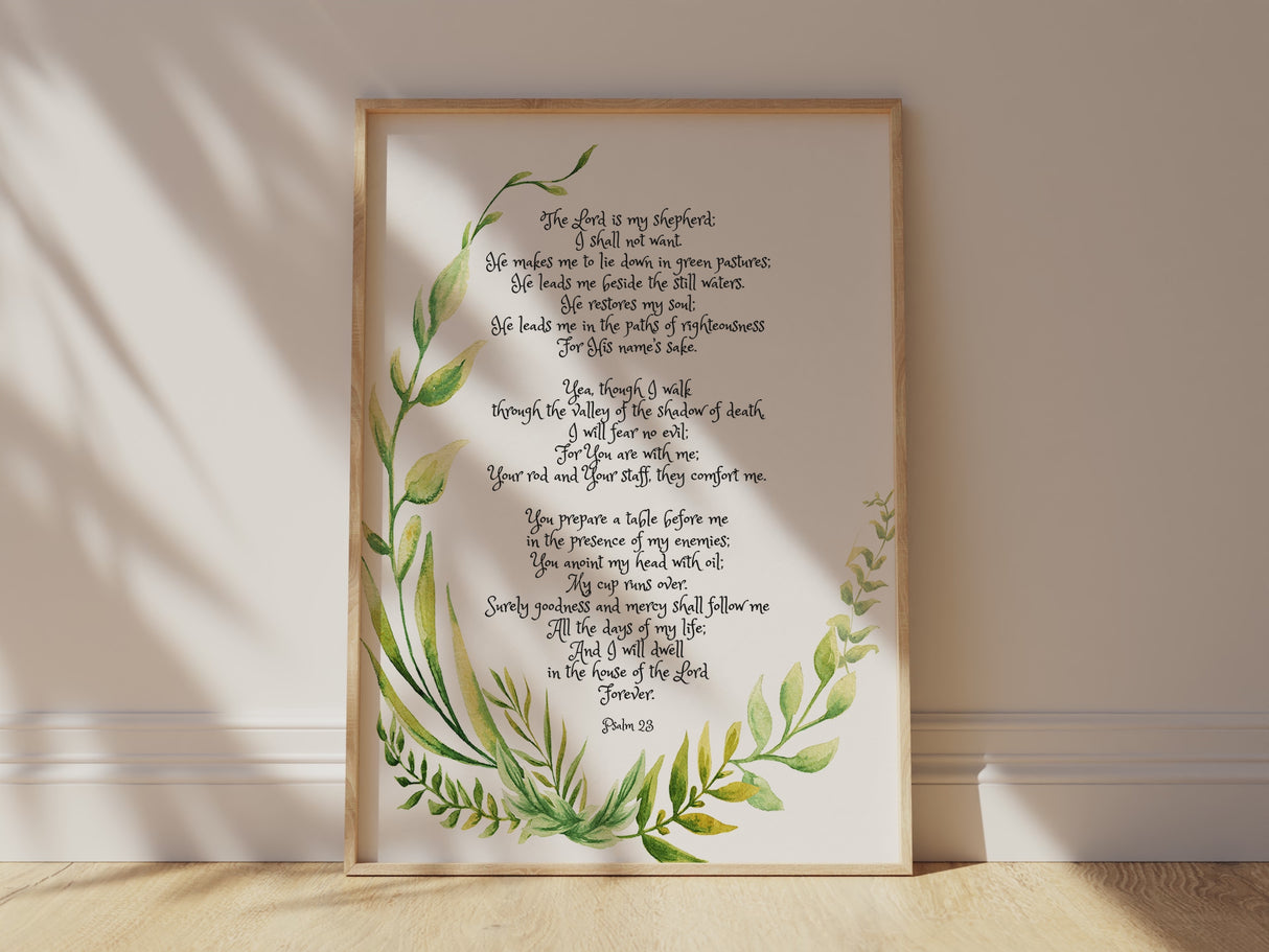 Graceful botanical Psalm 23 artwork for walls, Inspirational scripture art with green wreath, Psalm 23 print featuring serene botanicals