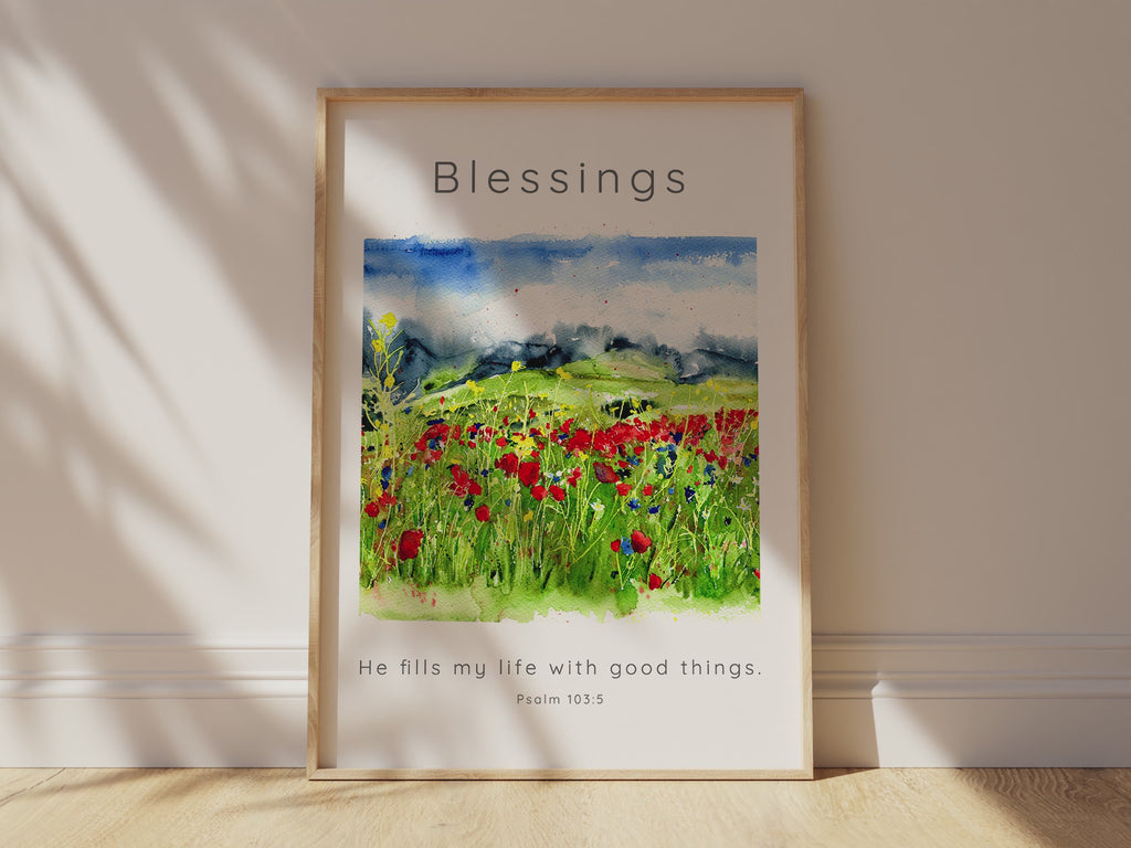 Encouraging scripture artwork for daily inspiration, Serene nature scene print with divine blessings message