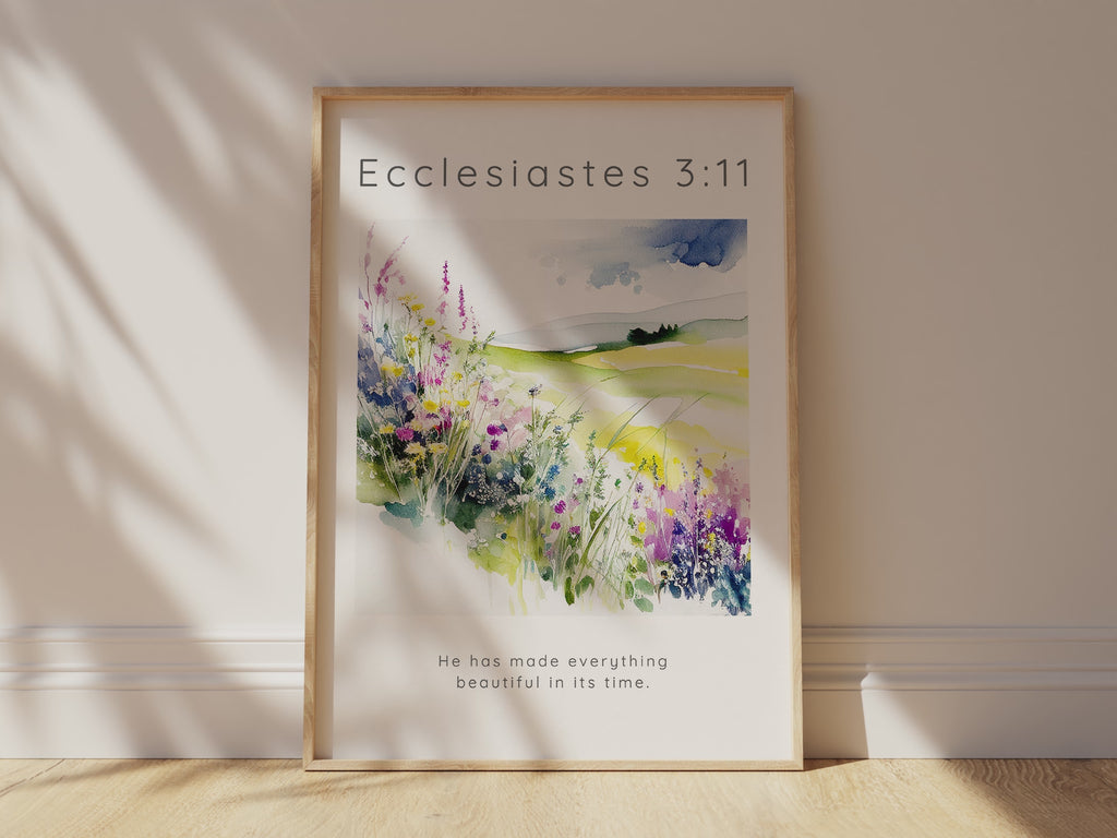 Ecclesiastes 3:11 verse on flower meadow print, Timeless wisdom floral wall decor, Floral meadow Bible verse wall art UK