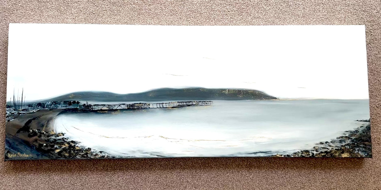 Original oil painting of Swanage Pier with Purbeck Hills and Old Harry Rocks in the distance.