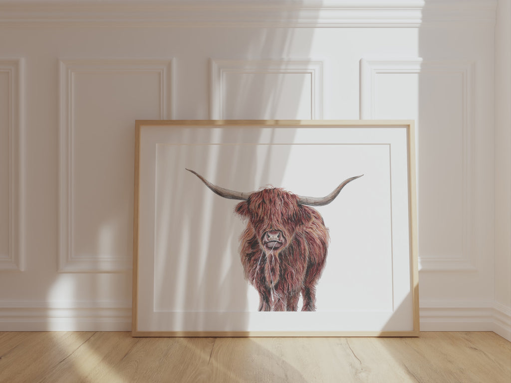 Long-Haired Cow Art for a Cozy Atmosphere, Nature-Inspired Brown Highland Cow Wall Print, Hand-Drawn Highland Cow Wall Art in Browns