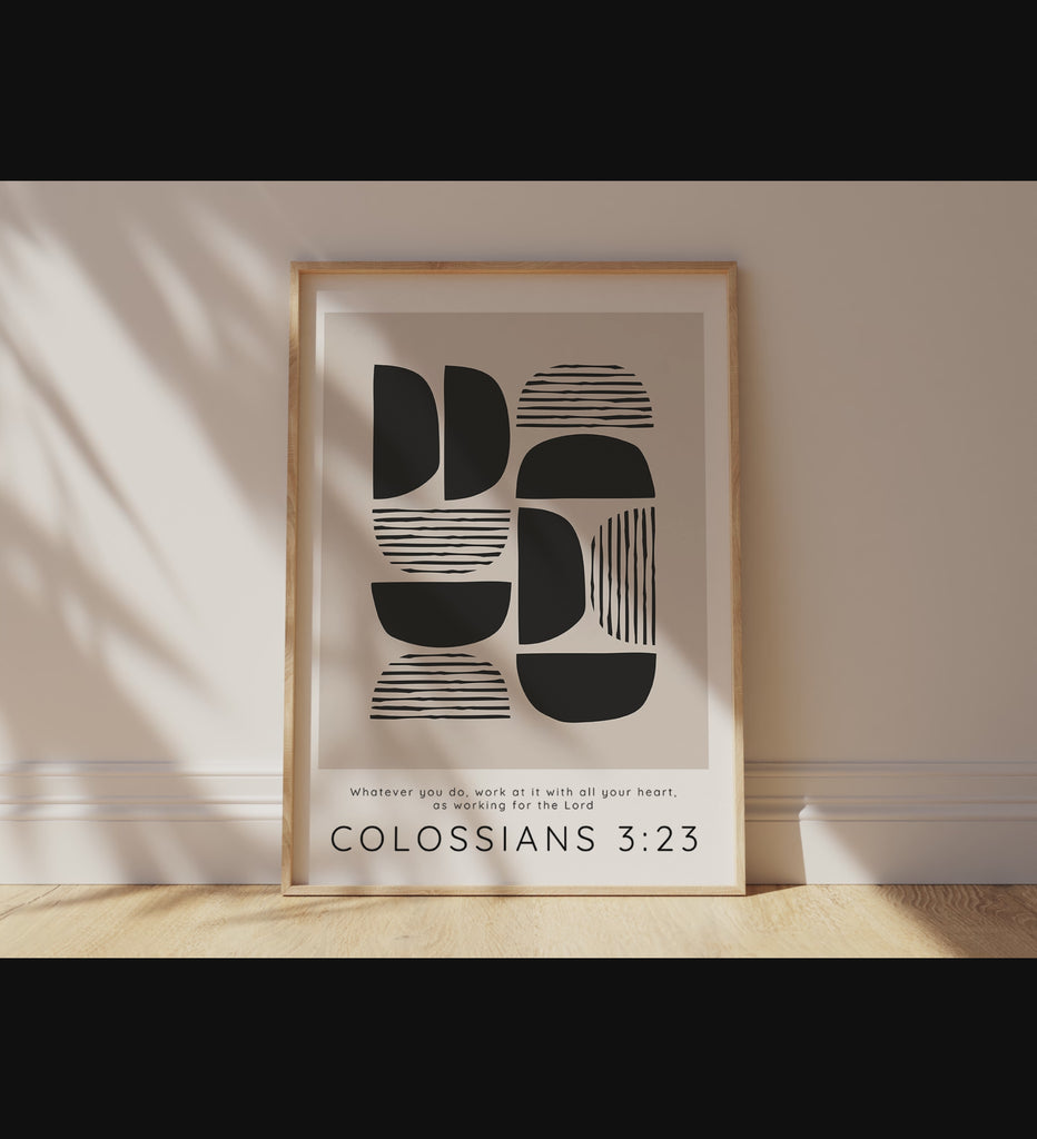 Modern Christian Decor: Black and Tan Abstract Art with Colossians 3:23 Quote, Perfect for Offices