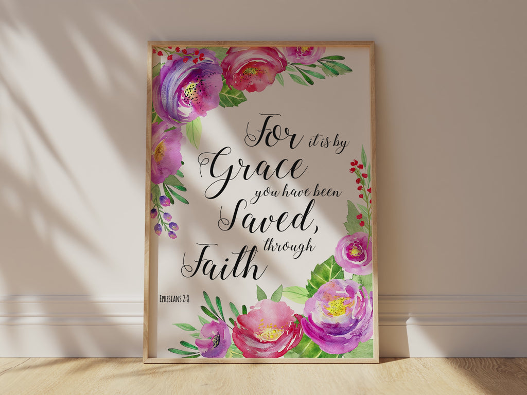 Grace and faith Scripture print in floral design, Elegant pink floral Ephesians 2:8 wall decor, Inspirational Bible verse art for home