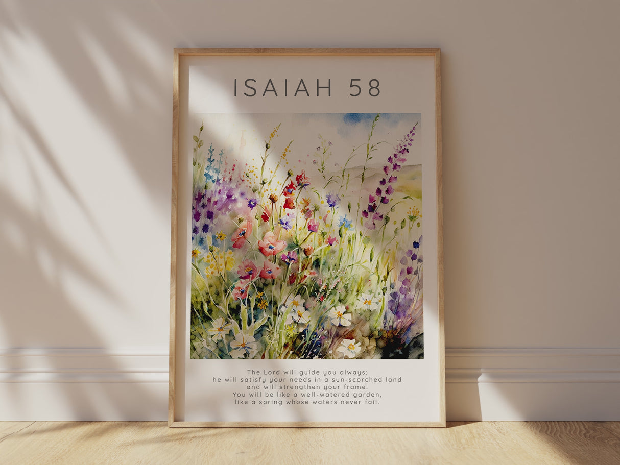 The Lord Will Guide You Bible Verse Poster, Isaiah 58 Wildflower Art, Wildflower meadow Isaiah 58:11 wall art