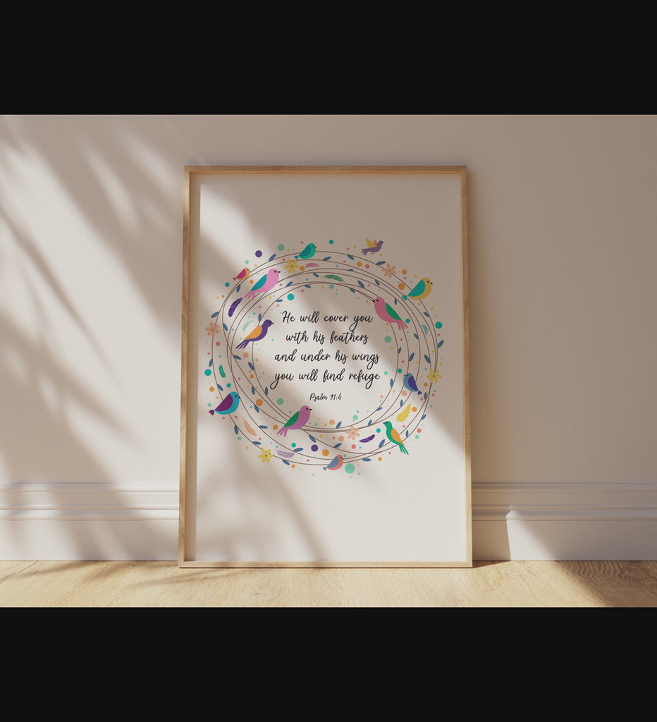 Psalm 91 Bible verse poster with feathered refuge & floral wreath, He will cover you with his feathers: Inspirational scripture print