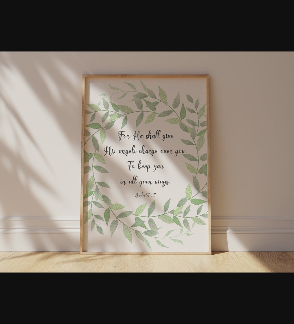 Psalm 91 Wall Decor, For He Shall Give His Angels Charge Over You, Inspirational Psalm 91 Quote Art with Leaf Wreath