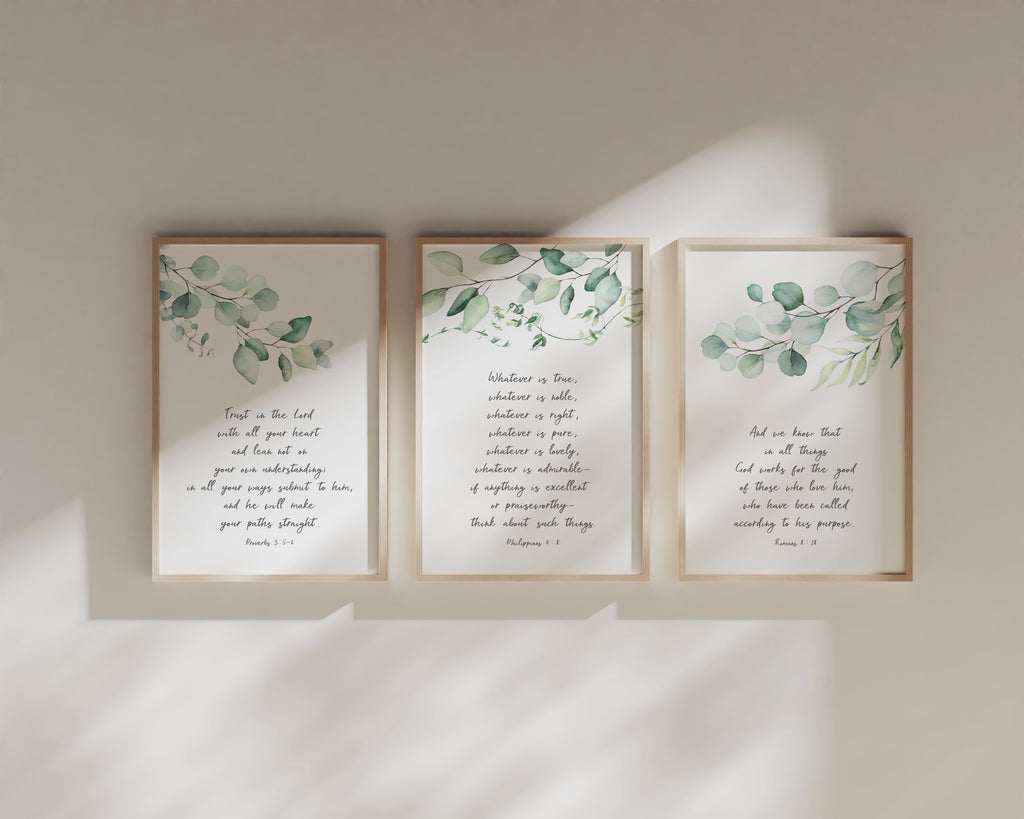 Eucalyptus-themed Bible verse prints set, Contemporary Christian art with nature elements, Inspirational scripture prints with greenery