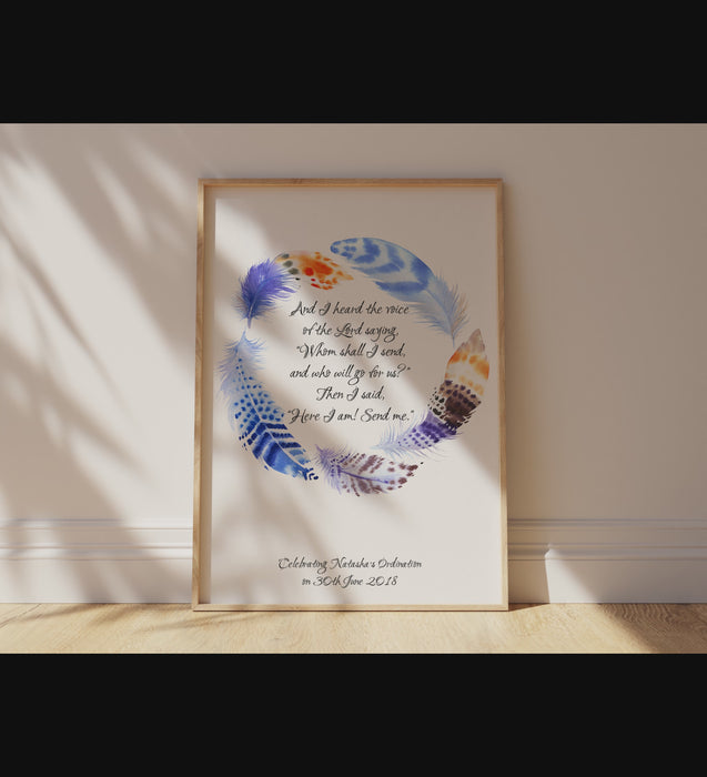 Unique Ordination Gift Idea: Feather Wreath Quote Print, Isaiah 6:8 Artwork with Personalization Option, Meaningful custom Ordination 