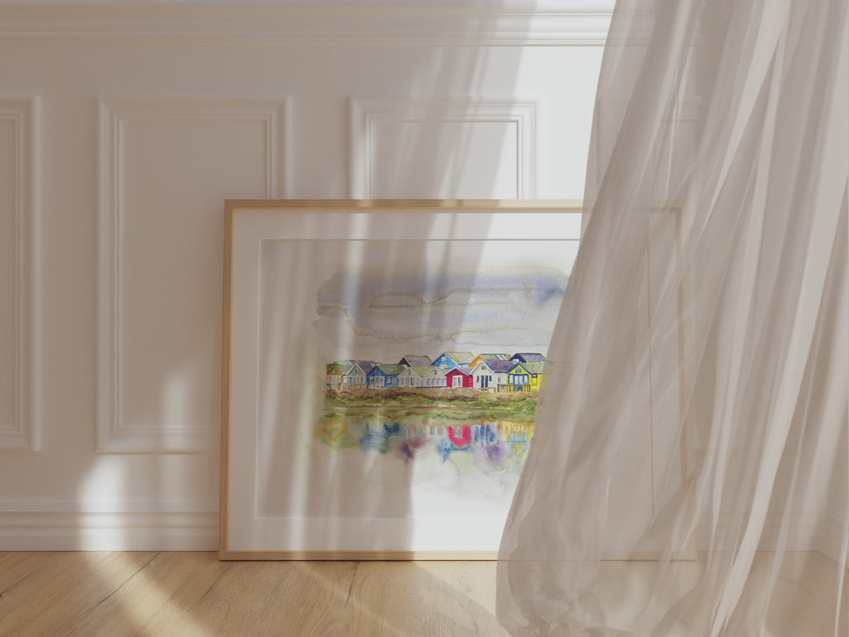 Original framed beach huts painting with reflections, painted by Dorset artist in whimsical abstract style.