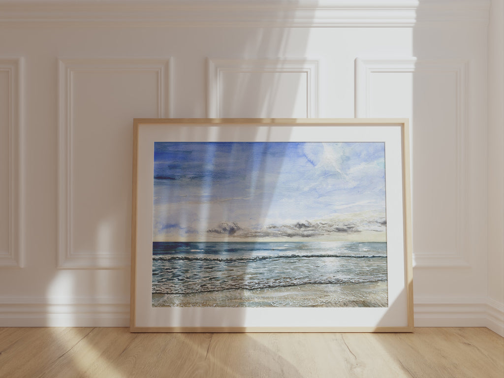 Gently lapping ocean watercolour wall art, Seascape watercolour painting for serene home display, Ocean waves watercolour